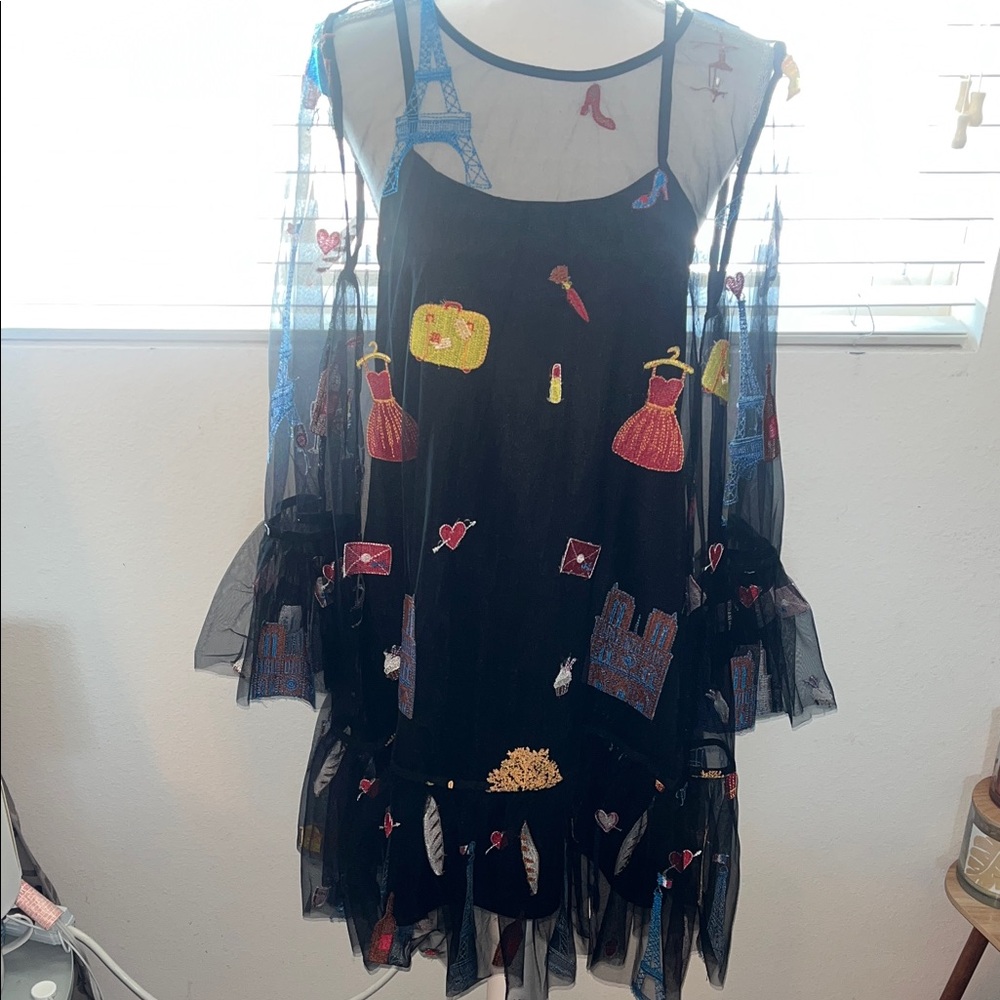 Gracia Black Sheer Dress with Colorful Embroidery